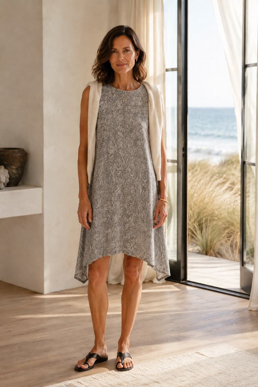 Eileen Fisher Broken Chevron Swing Dress Sleeveless Tencel Large Beige Black